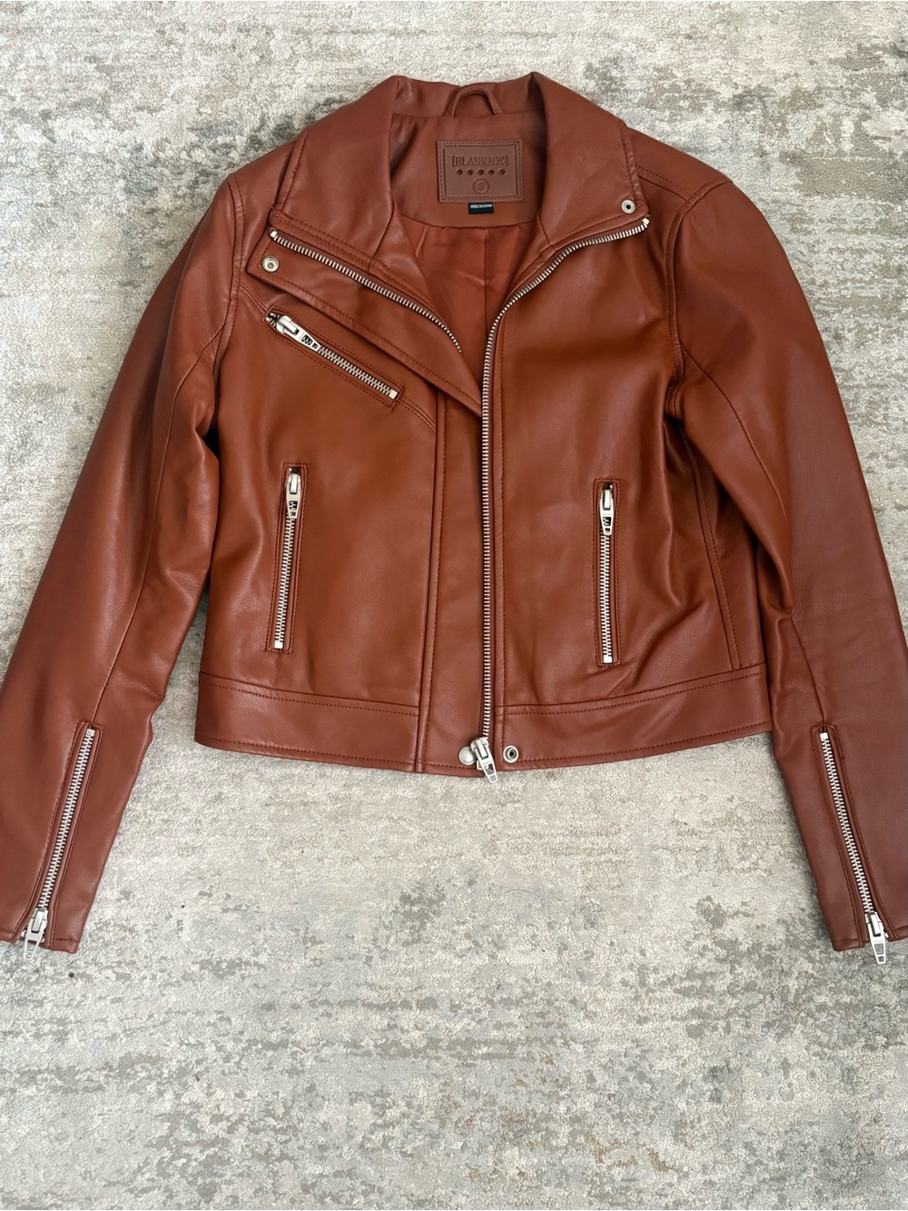 Blank NYC Faux Leather Moto Jacket Cognac Brown Caramel Size Small Like New